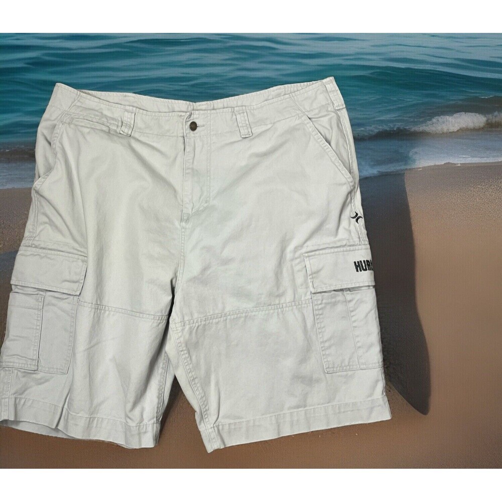 Hurley Shorts Cargo Pockets Men 40 Logo Breathable 100% Cotton Beige Surf Skate